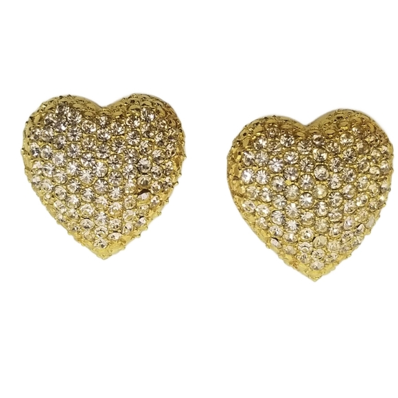 VINTAGE 1980S LARGE GOLDTONE & PAVE CRYSTAL HEART CLIP ON EARRINGS - Picture 3 of 6